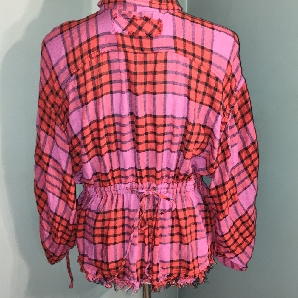 Free People Pacific Dawn Drawstring Plaid Shirt size medium with raw him - Picture 2 of 8